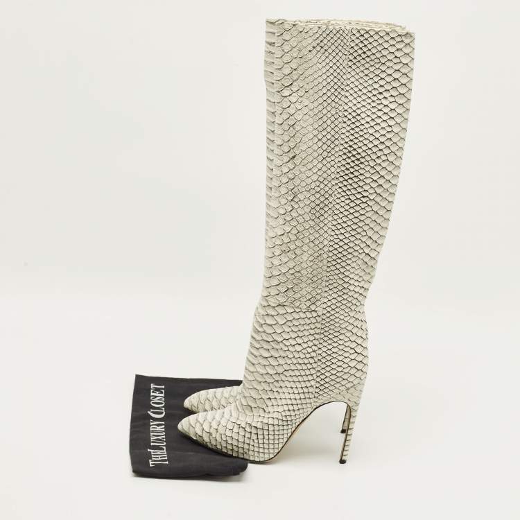 Pre Owned Sergio Rossi Size 39 Grey Python Leather Knee Length Boots