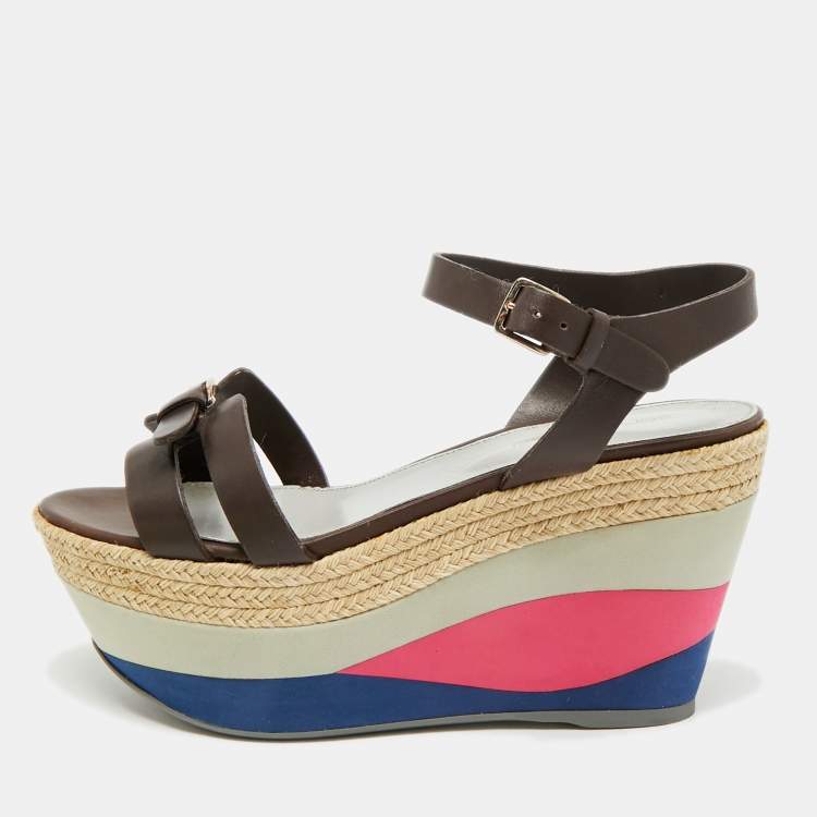 Pre Owned Sergio Rossi Size 37 Brown Leather Wedge Sandals