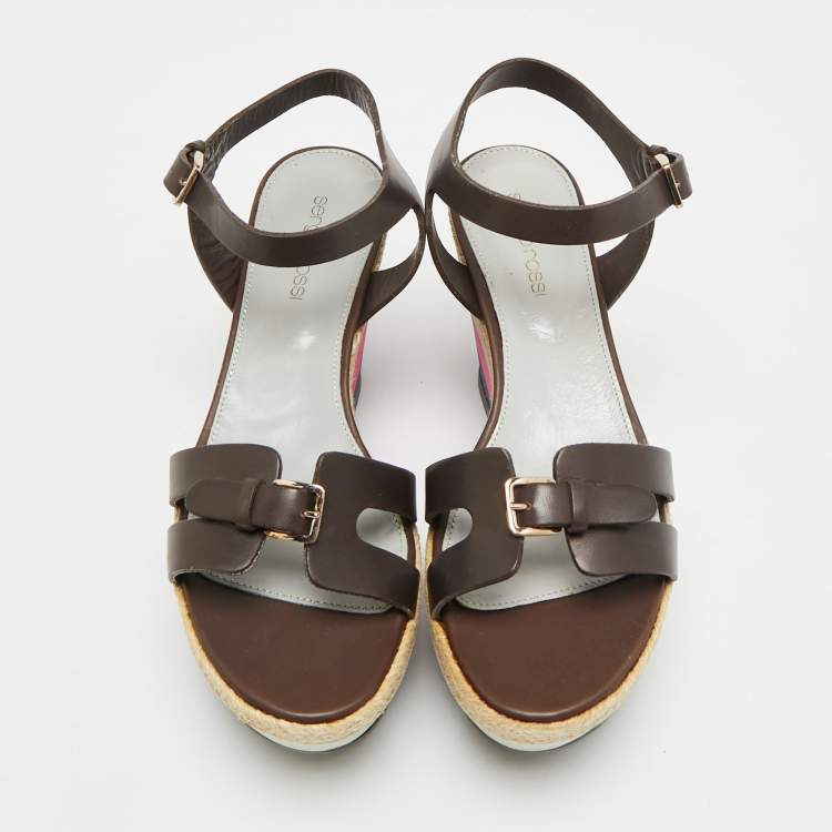 Pre Owned Sergio Rossi Size 37 Brown Leather Wedge Sandals