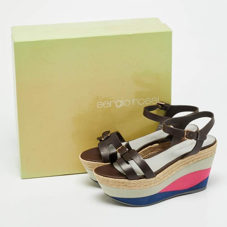 Pre Owned Sergio Rossi Size 37 Brown Leather Wedge Sandals