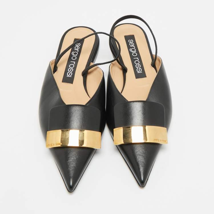 Pre Owned Sergio Rossi SR1 Size 38 Black Leather Flat Mules