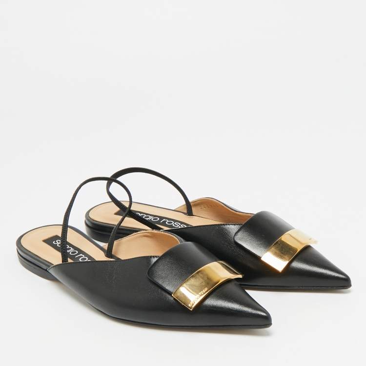Pre Owned Sergio Rossi SR1 Size 38 Black Leather Flat Mules