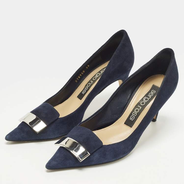 Pre Owned Sergio Rossi SR1 Size 38 Navy Blue Suede Pumps