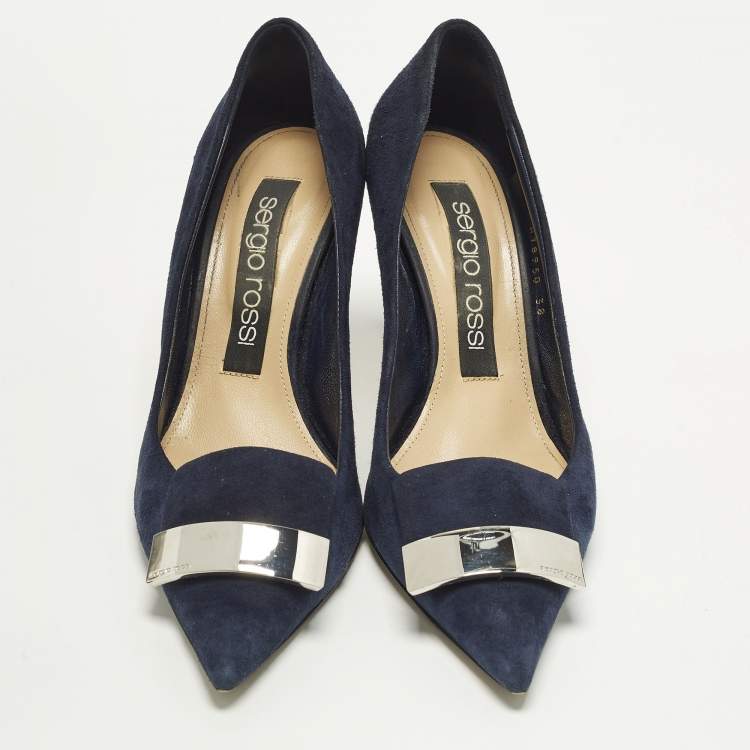Pre Owned Sergio Rossi SR1 Size 38 Navy Blue Suede Pumps