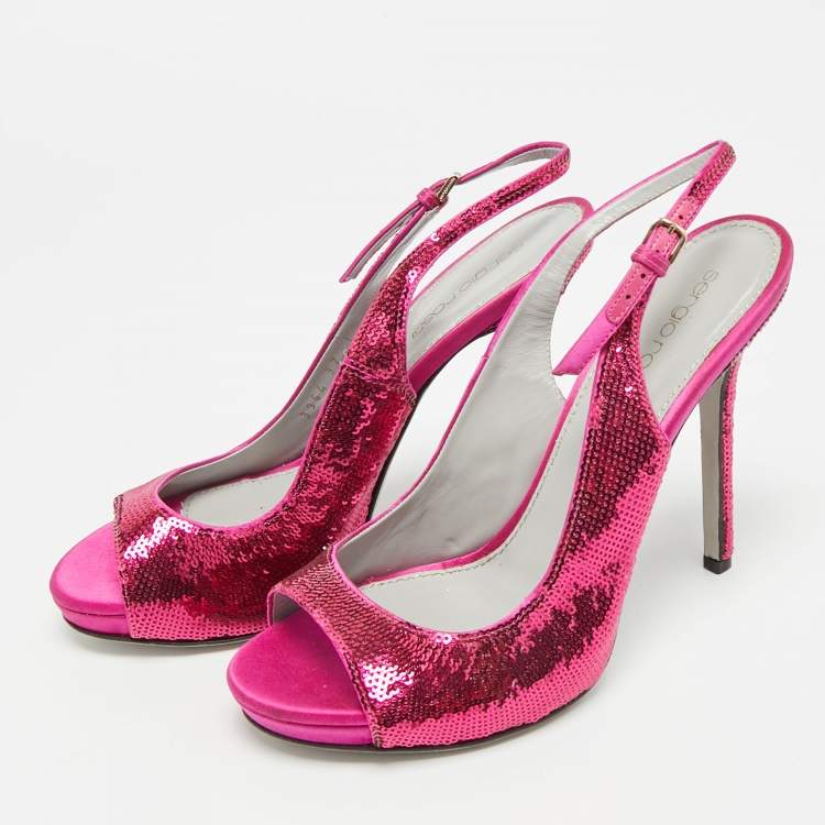 Pre Owned Sergio Rossi Size 37 Pink Satin and Sequins Ankle Strap Sandals