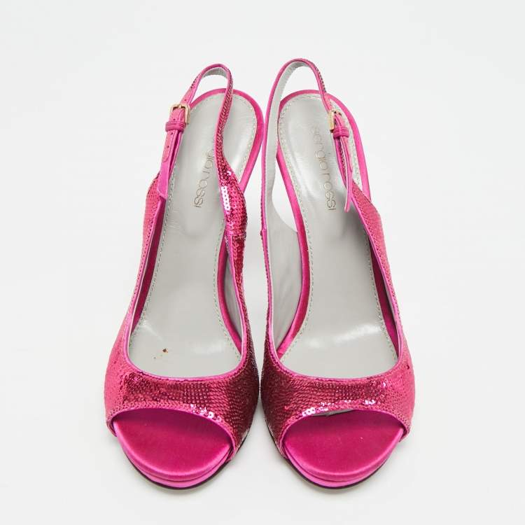 Pre Owned Sergio Rossi Size 37 Pink Satin and Sequins Ankle Strap Sandals