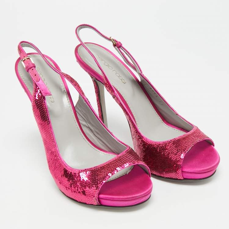 Pre Owned Sergio Rossi Size 37 Pink Satin and Sequins Ankle Strap Sandals