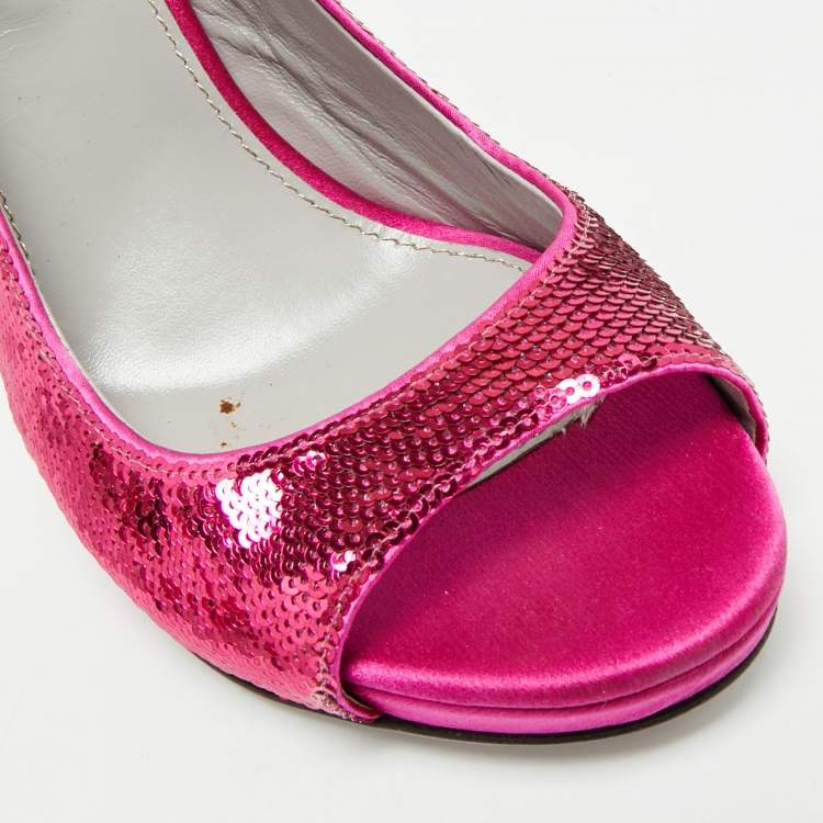 Pre Owned Sergio Rossi Size 37 Pink Satin and Sequins Ankle Strap Sandals