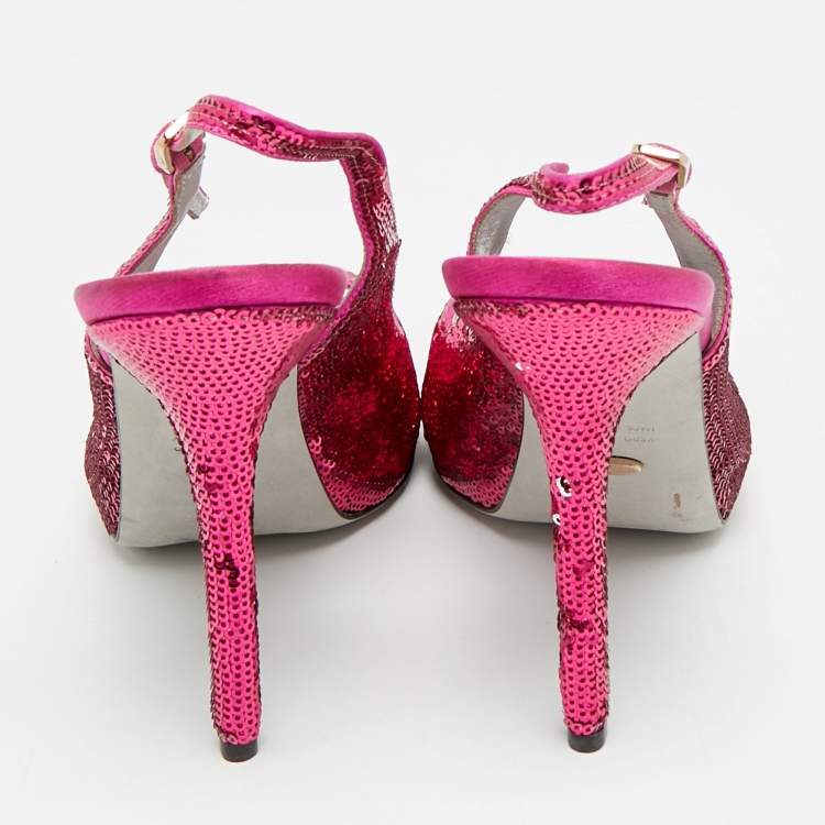 Pre Owned Sergio Rossi Size 37 Pink Satin and Sequins Ankle Strap Sandals