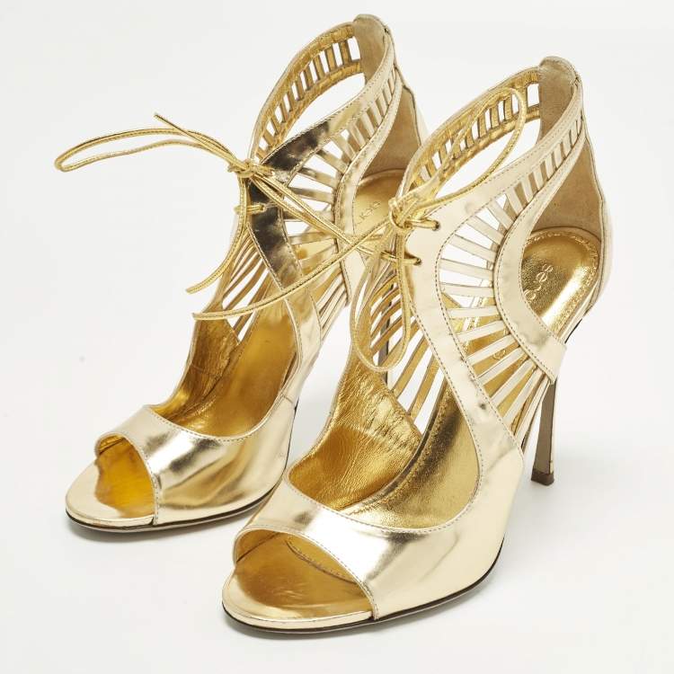 Pre Owned Sergio Rossi Size 37.5 Gold Leather Ankle Strap Sandals