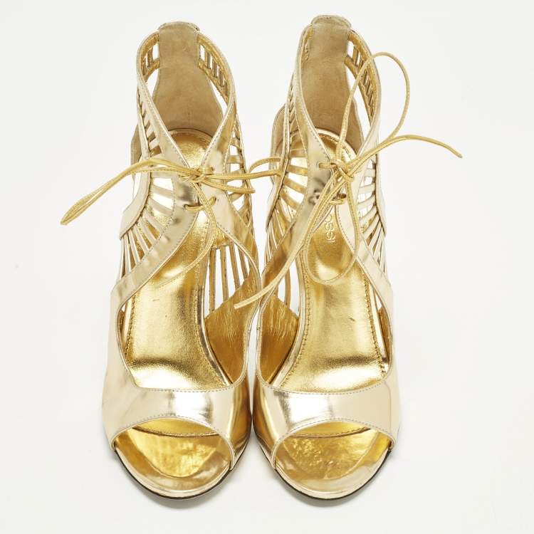 Pre Owned Sergio Rossi Size 37.5 Gold Leather Ankle Strap Sandals