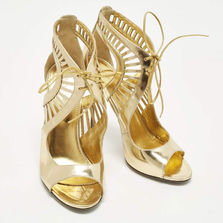 Pre Owned Sergio Rossi Size 37.5 Gold Leather Ankle Strap Sandals