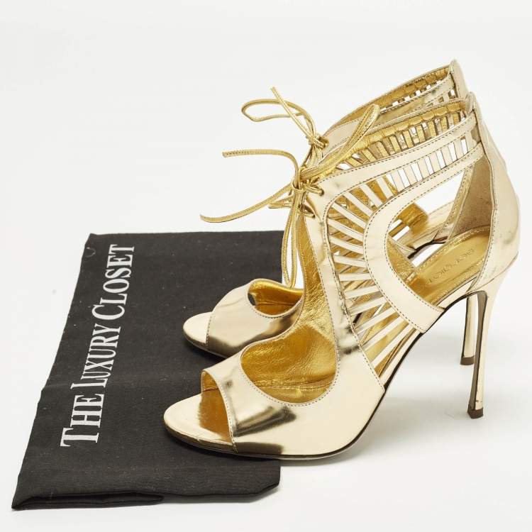 Pre Owned Sergio Rossi Size 37.5 Gold Leather Ankle Strap Sandals