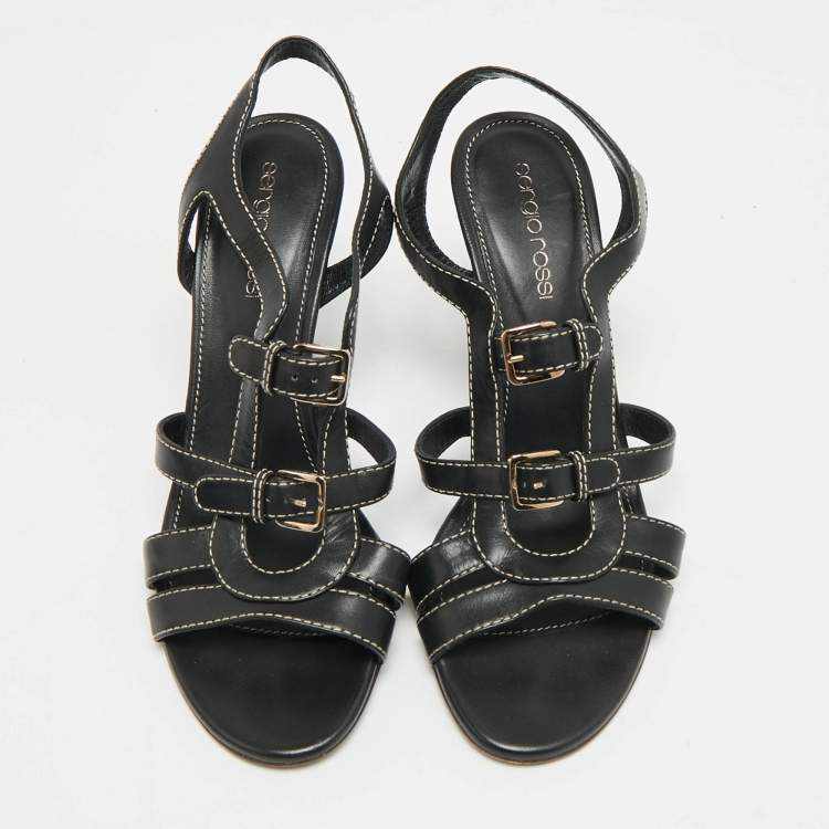 Pre Owned Sergio Rossi Size 36 Black Leather Double Buckle Ankle Strap Sandals