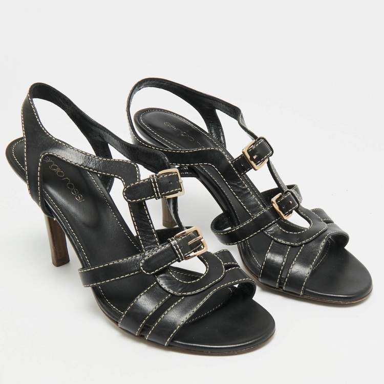 Pre Owned Sergio Rossi Size 36 Black Leather Double Buckle Ankle Strap Sandals
