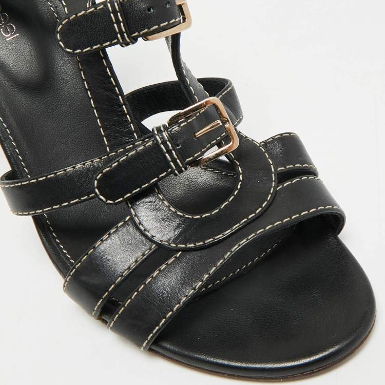 Pre Owned Sergio Rossi Size 36 Black Leather Double Buckle Ankle Strap Sandals
