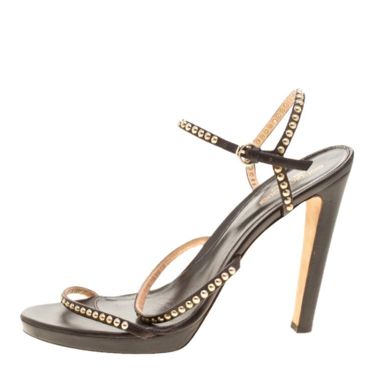 Pre Owned Sergio Rossi Brown Studded Strappy Leather Open Toe Platform Sandals Size 40.5