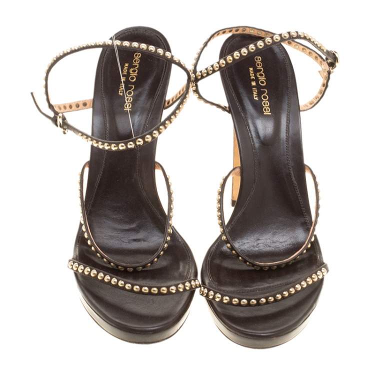 Pre Owned Sergio Rossi Brown Studded Strappy Leather Open Toe Platform Sandals Size 40.5