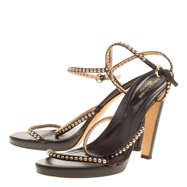 Pre Owned Sergio Rossi Brown Studded Strappy Leather Open Toe Platform Sandals Size 40.5