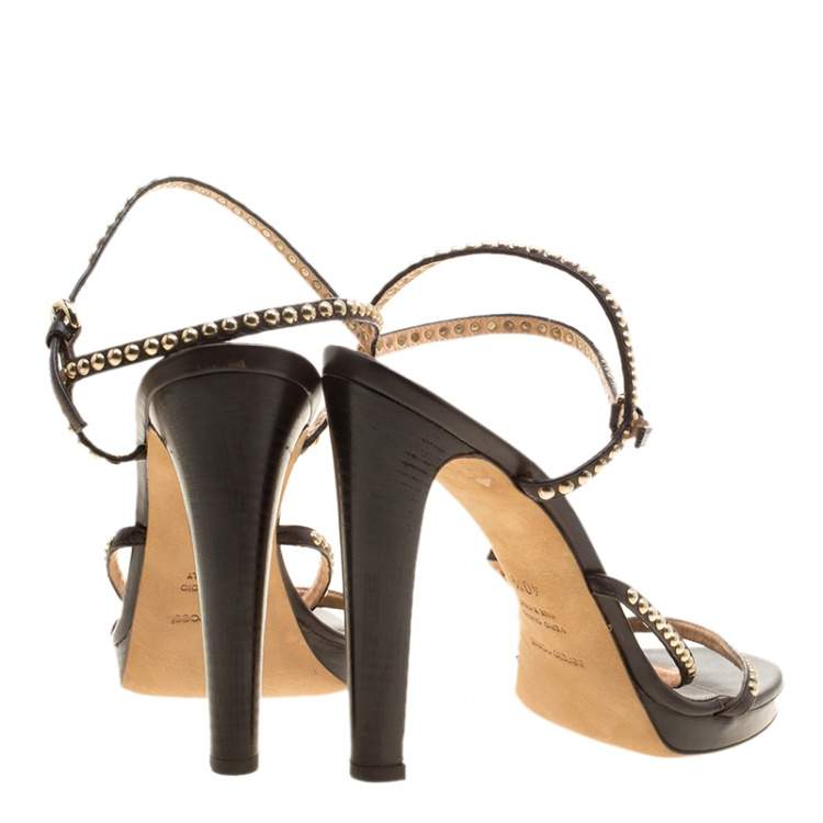Pre Owned Sergio Rossi Brown Studded Strappy Leather Open Toe Platform Sandals Size 40.5