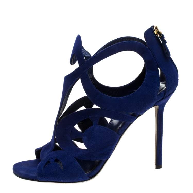 Pre Owned Sergio Rossi Blue Suede Cutout Sandals Size 38.5