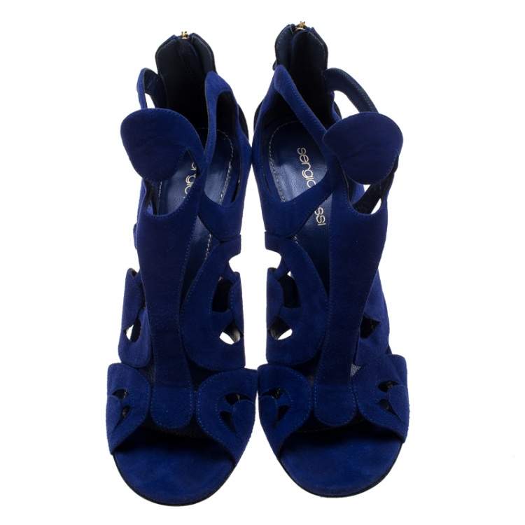 Pre Owned Sergio Rossi Blue Suede Cutout Sandals Size 38.5
