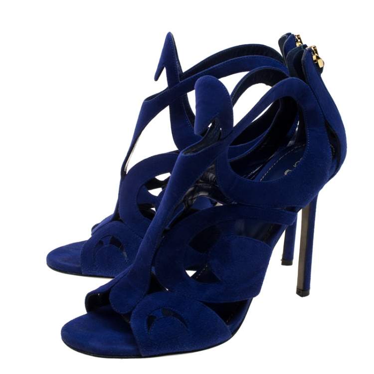 Pre Owned Sergio Rossi Blue Suede Cutout Sandals Size 38.5