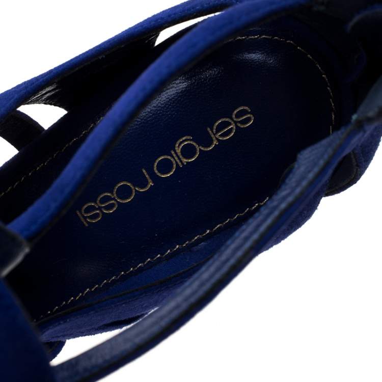 Pre Owned Sergio Rossi Blue Suede Cutout Sandals Size 38.5