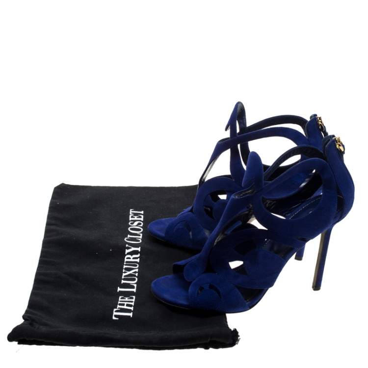 Pre Owned Sergio Rossi Blue Suede Cutout Sandals Size 38.5