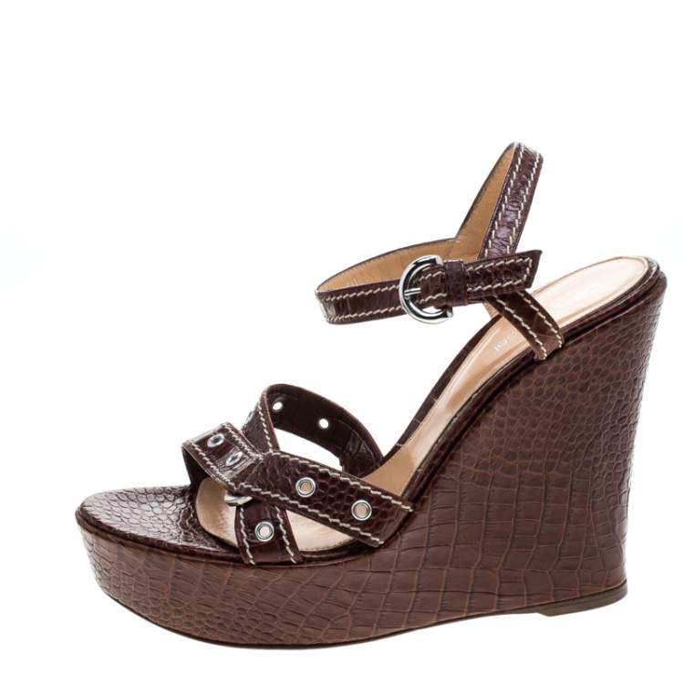 Pre Owned Sergio Rossi Brown Croc Embossed Leather Wedge Ankle Strap Sandals Size 40
