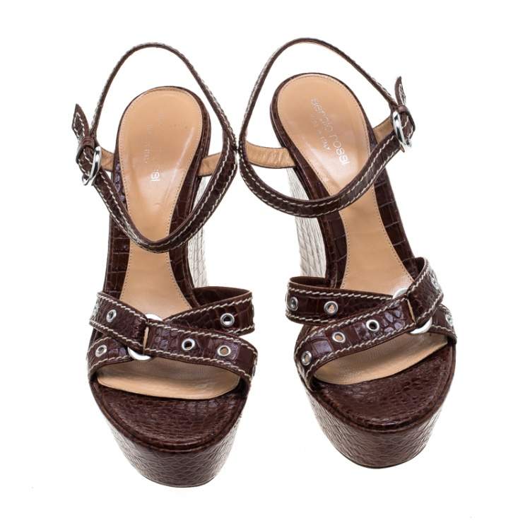Pre Owned Sergio Rossi Brown Croc Embossed Leather Wedge Ankle Strap Sandals Size 40