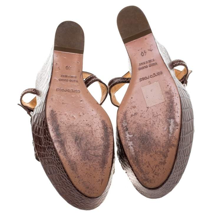 Pre Owned Sergio Rossi Brown Croc Embossed Leather Wedge Ankle Strap Sandals Size 40