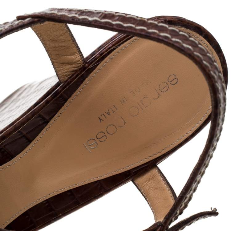 Pre Owned Sergio Rossi Brown Croc Embossed Leather Wedge Ankle Strap Sandals Size 40