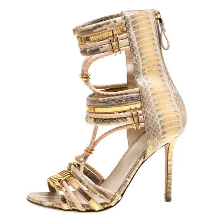Pre Owned Sergio Rossi Metallic Beige Mix Exotic Leather Braid Detail Peep Toe Sandals Size 36.5