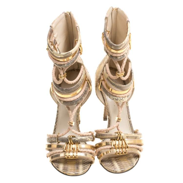Pre Owned Sergio Rossi Metallic Beige Mix Exotic Leather Braid Detail Peep Toe Sandals Size 36.5