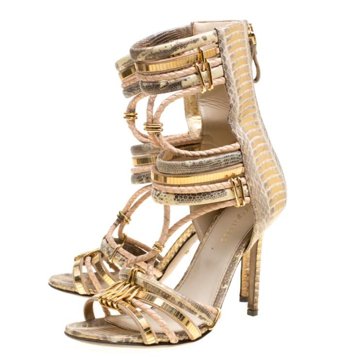 Pre Owned Sergio Rossi Metallic Beige Mix Exotic Leather Braid Detail Peep Toe Sandals Size 36.5