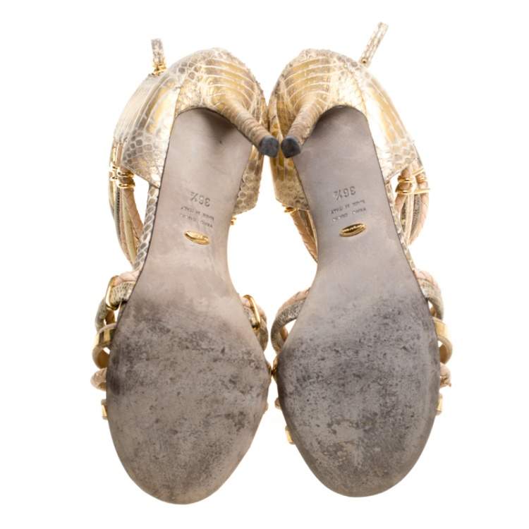 Pre Owned Sergio Rossi Metallic Beige Mix Exotic Leather Braid Detail Peep Toe Sandals Size 36.5