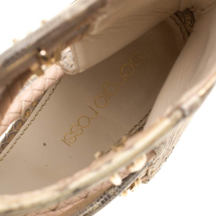 Pre Owned Sergio Rossi Metallic Beige Mix Exotic Leather Braid Detail Peep Toe Sandals Size 36.5