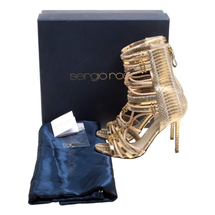 Pre Owned Sergio Rossi Metallic Beige Mix Exotic Leather Braid Detail Peep Toe Sandals Size 36.5