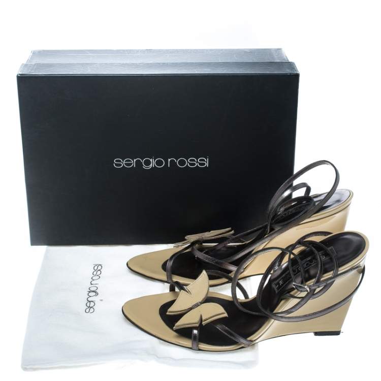 Pre Owned Sergio Rossi Beige/Metallic Grey Leather Strappy Wedge Sandals Size 38