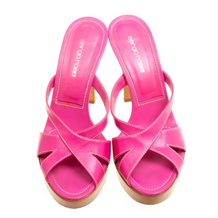Pre Owned Sergio Rossi Pink Leather Peep Toe Platform Slides Size 38