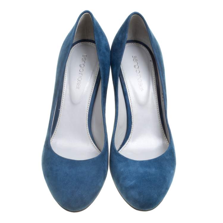 Pre Owned Sergio Rossi Blue Suede Wedge Pumps Size 37.5