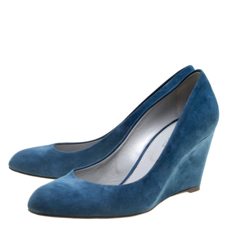Pre Owned Sergio Rossi Blue Suede Wedge Pumps Size 37.5