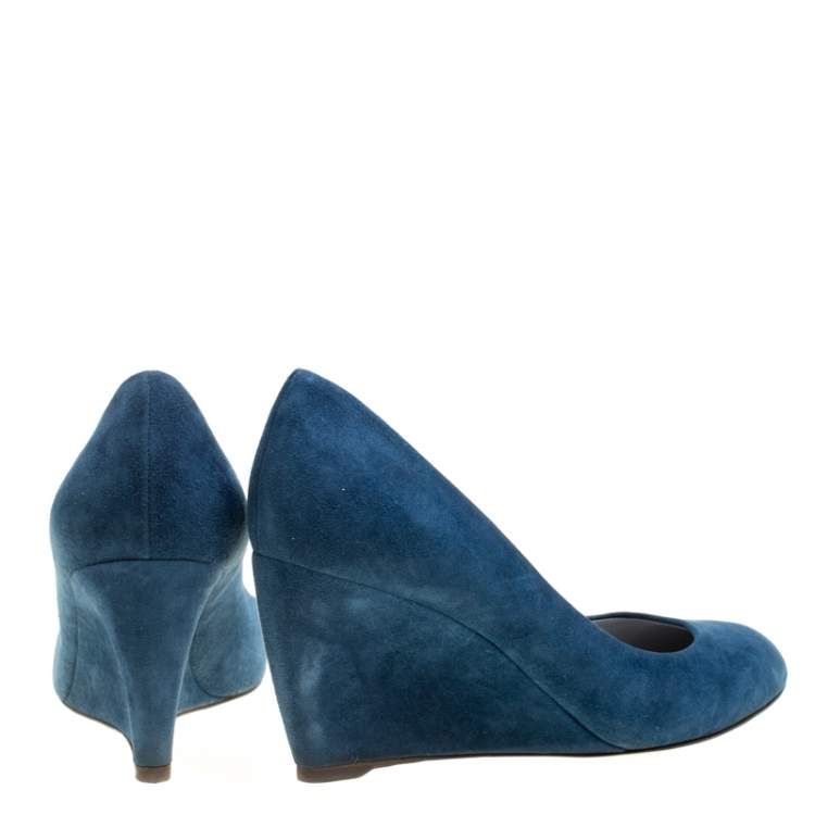 Pre Owned Sergio Rossi Blue Suede Wedge Pumps Size 37.5