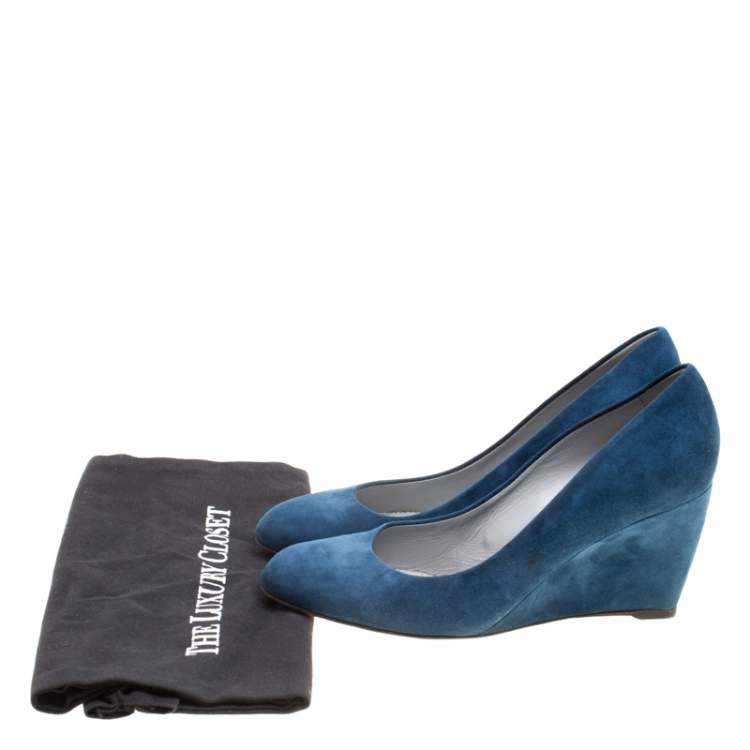 Pre Owned Sergio Rossi Blue Suede Wedge Pumps Size 37.5