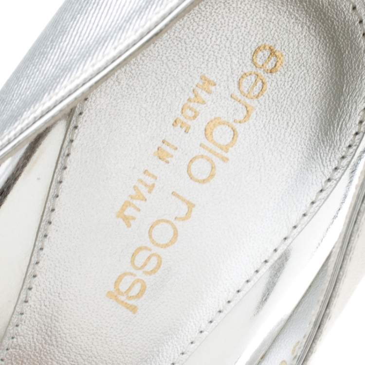 Pre Owned Sergio Rossi Metallic Silver Fabric Bow Detail Peep Toe Pumps Size 37