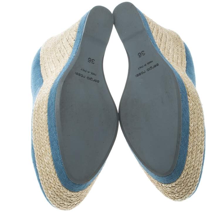 Pre Owned Sergio Rossi Blue Canvas Platform Espadrille Wedge Sandals Size 36