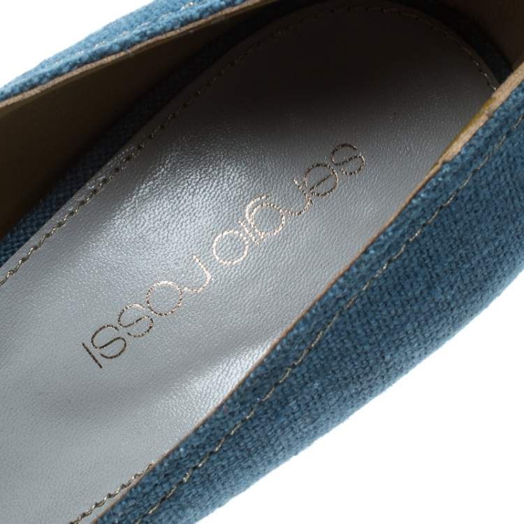 Pre Owned Sergio Rossi Blue Canvas Platform Espadrille Wedge Sandals Size 36