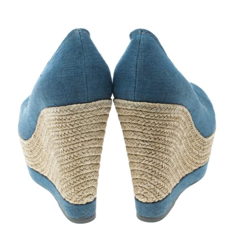 Pre Owned Sergio Rossi Blue Canvas Platform Espadrille Wedge Sandals Size 36