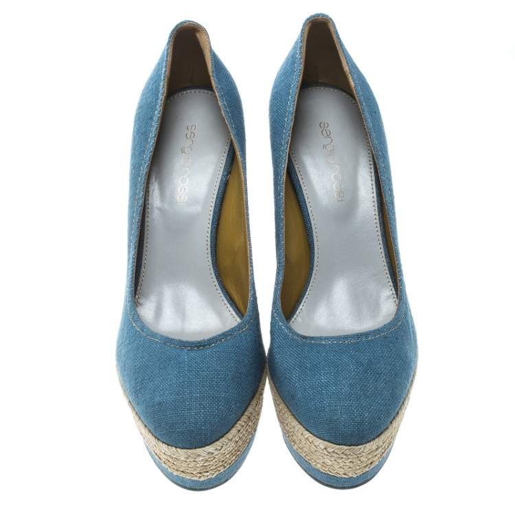 Pre Owned Sergio Rossi Blue Canvas Platform Espadrille Wedge Sandals Size 36
